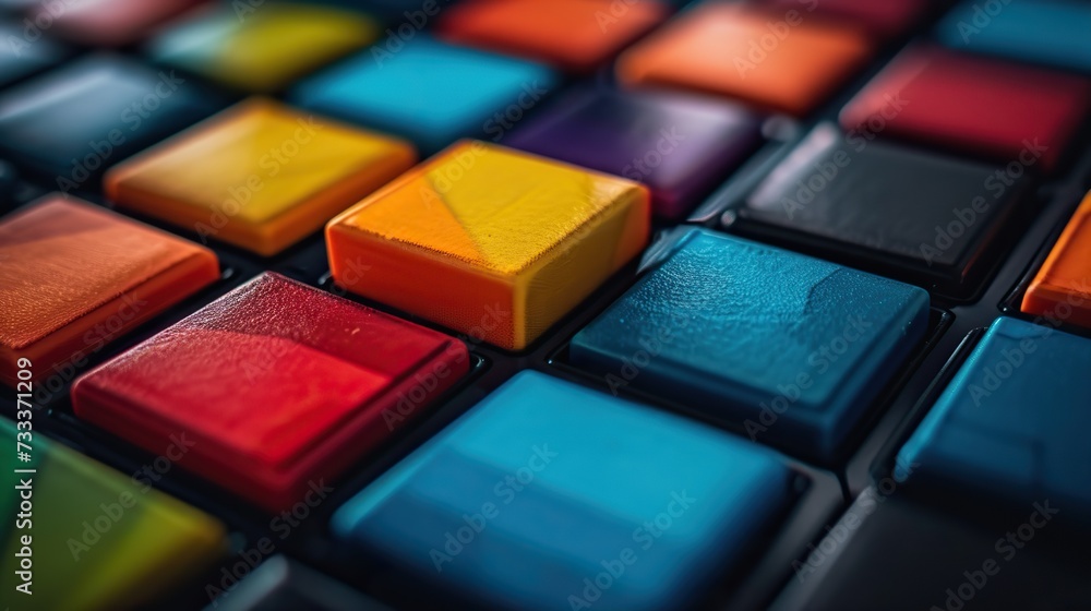 Poster a detailed close-up view of a keyboard with vibrant, multicolored buttons, emphasizing texture and a