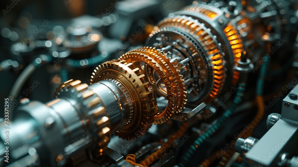 Poster detailed image of interconnected gears and cogs within machinery, highlighting the intricacies of me