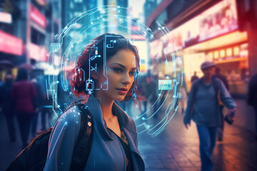 Facial recognition, search and surveillance of person. Woman in modern city with holographic biometric scan sign on her face