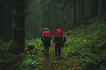 Fototapeta premium Children with backpacks walking through the forest, school camping trip in the forest