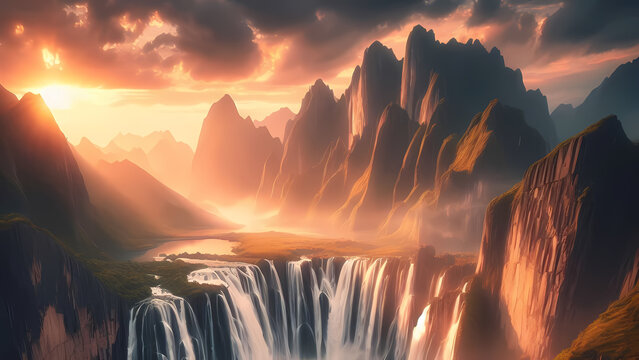 a breathtaking nature wallpaper featuring a majestic waterfall cascading down rugged cliffs, generative ai