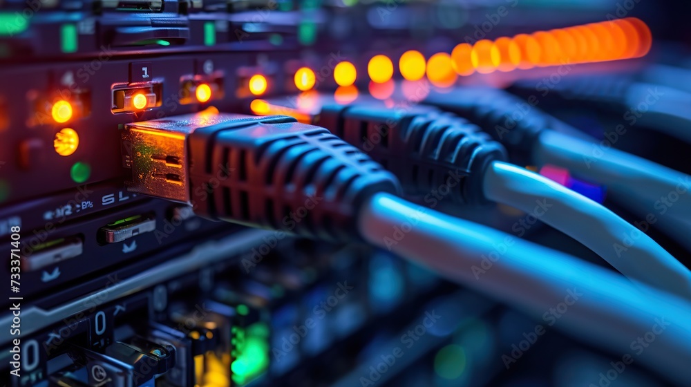 Poster close-up of a network server rack with illuminated fiber optic cables connected, representing high-s