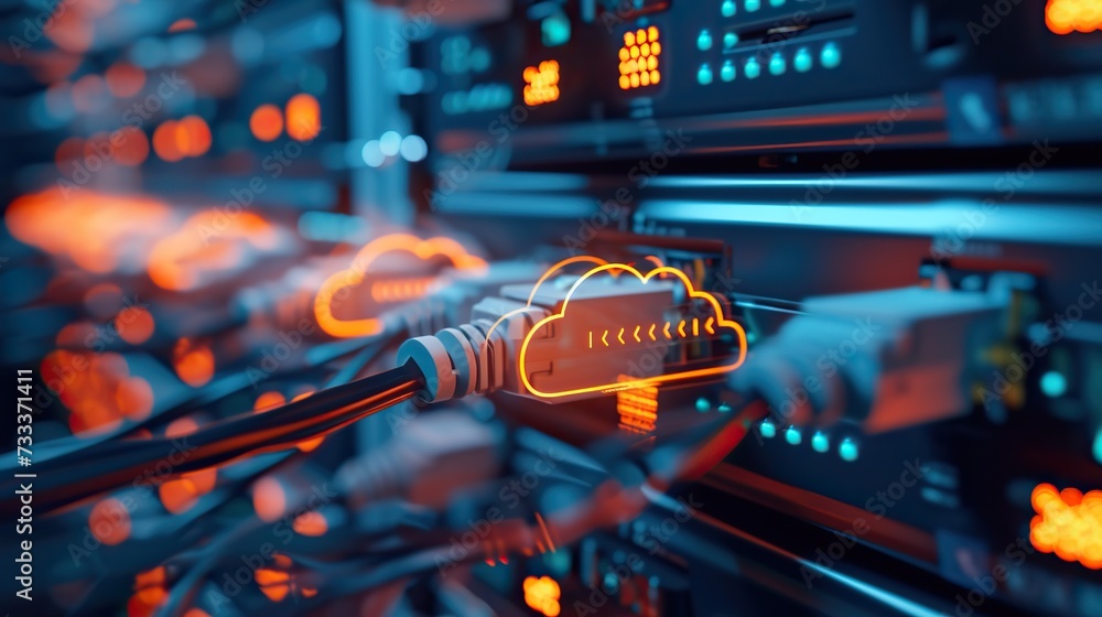 Poster a vibrant cloud computing concept, featuring ethernet cables connected to a server with glowing clou
