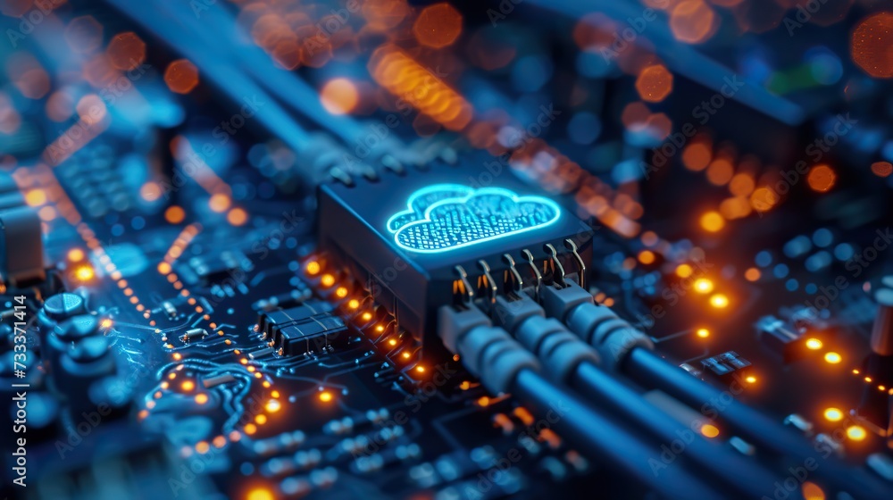 Poster close-up view of a glowing ai brain icon on a complex electronic circuit board with illuminated conn