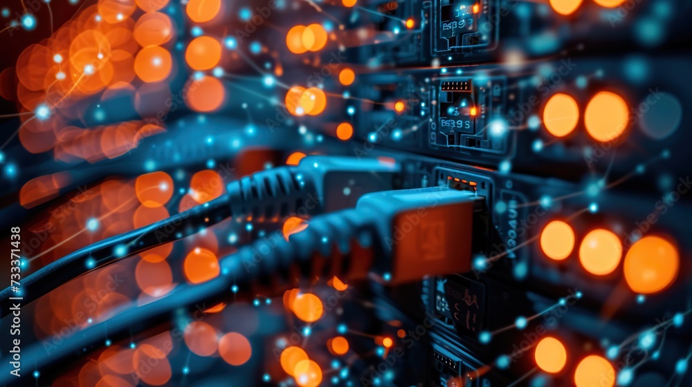 Poster network cables plugged into a server rack with glowing lights indicating active data transmission an