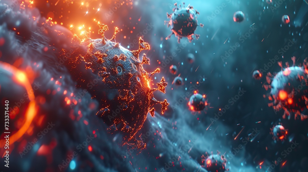 Poster digital rendering of microscopic pathogens with a focus on a highly detailed virus particle amidst a