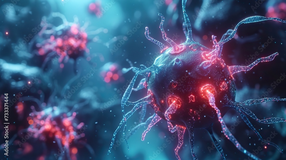Poster a highly detailed 3d of a virus particle with filamentous structures on a microscopic scale with a b