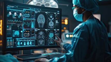 A surgeon in scrubs analyzes multiple MRI brain scans displayed on a medical monitor in a modern operating room setting. - obrazy, fototapety, plakaty