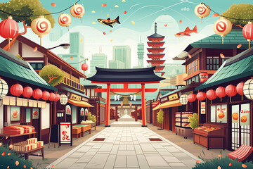 Flat design japanese market digital art illustration background