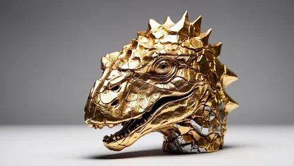 Rucksack Aus goldener Metallfolie geformter Dinosaurierkopf © pit24