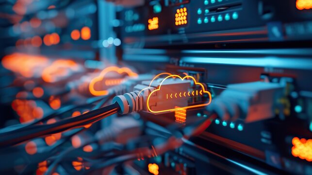 A vibrant cloud computing concept, featuring ethernet cables connected to a server with glowing cloud symbols.