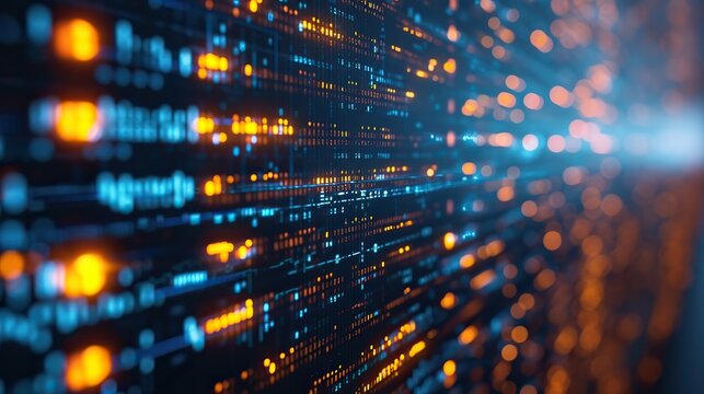 Abstract digital technology background with a depth of field effect, showcasing lines of code and data in a glowing cyber environment.