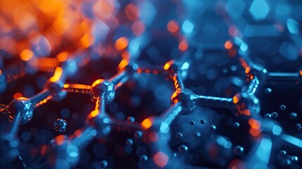 A striking visualization of graphene molecular structure with atoms connected in a hexagonal pattern, depicted in vivid blue and orange tones.