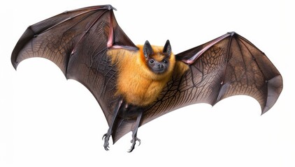 Flying fruit bat with outstretched wings, showcasing detailed wing membranes and vivid yellow fur.
