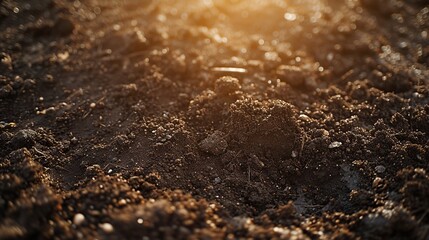 Close-up of fertile agricultural soil basking in the warm sunlight, highlighting texture and potential for crop growth.