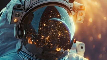 The visor of an astronaut's helmet reflects the glittering stars of the cosmos, capturing the solitude and beauty of space exploration. - obrazy, fototapety, plakaty