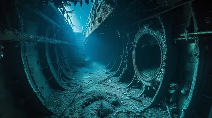 Foto op Canvas Drowning old ship interior diving wallpaper background © Irina