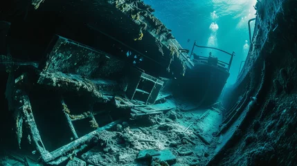 Foto op Plexiglas Schipbreuk Drowning old ship interior diving wallpaper background