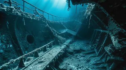 Fototapete Schiffswrack Drowning old ship interior diving wallpaper background