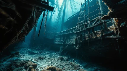 Fotobehang Schipbreuk Drowning old ship interior diving wallpaper background