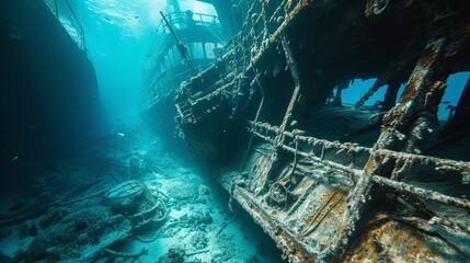 Drowning old ship interior diving wallpaper background