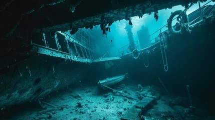 Zelfklevend Fotobehang Drowning old ship interior diving wallpaper background © Irina