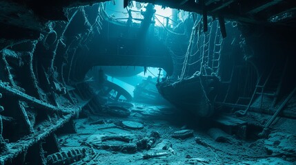 Drowning old ship interior diving wallpaper background - obrazy, fototapety, plakaty