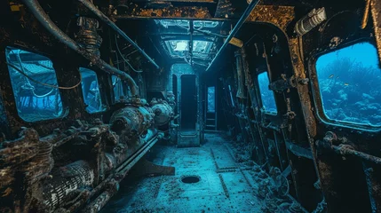 Zelfklevend Fotobehang Drowning old ship interior diving wallpaper background © Irina
