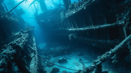 Gordijnen Drowning old ship interior diving wallpaper background © Irina