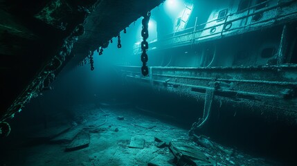 Drowning old ship interior diving wallpaper background - obrazy, fototapety, plakaty