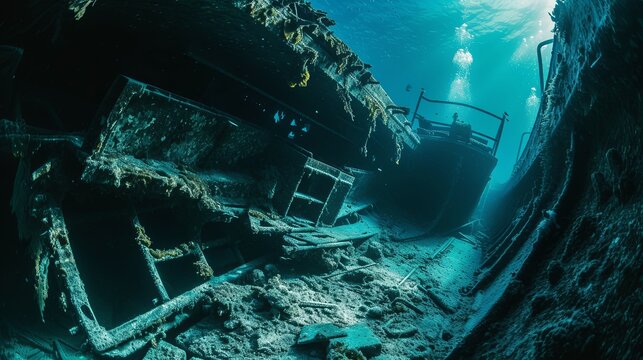 Drowning old ship interior diving wallpaper background © Irina