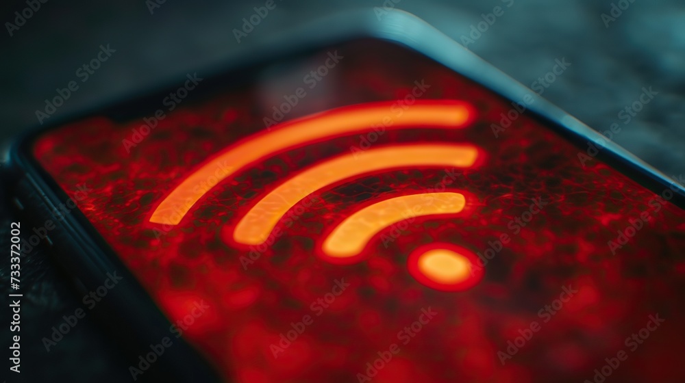 Poster close-up of a smartphone screen displaying an intense red wi-fi signal, encapsulating the theme of c