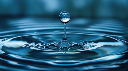 A pristine water droplet forms a delicate column above a liquid surface, with concentric ripples spreading out in a symmetrical pattern.