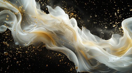 A fusion of moonlit ivory and opulent gold dispersing in water, crafting a luminous and captivating abstract tableau against a background of profound cosmic black. 