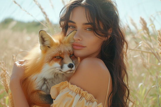 beautiful young woman with a fox in her arms, gently hugging her.