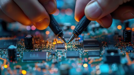 An electronic technician meticulously measures a microchip on a circuit board using multimeter probes in a high-tech environment. - obrazy, fototapety, plakaty