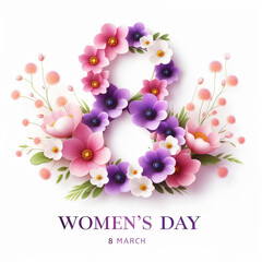 Happy women's day greeting card. 8 march women's day poster or banner with big number eight and lettering, spring flowers and leaves on white background.