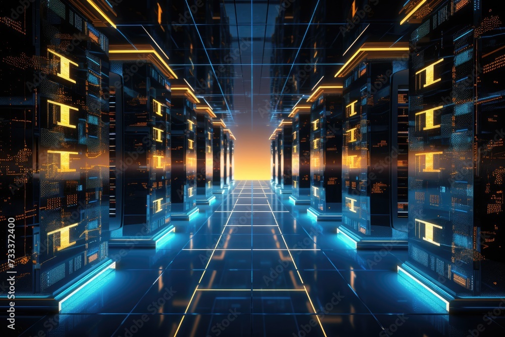 Poster a glowing network of connections in data center data storage, data center and network devices in hig