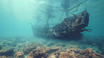 Foto op Canvas Old ancient pirate ship laying on sea bottom wallpaper background  © Irina
