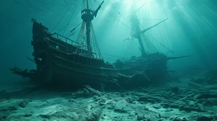 Abwaschbare Fototapete Schiffswrack Old ancient pirate ship laying on sea bottom wallpaper background 
