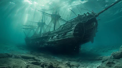 Keuken spatwand met foto Old ancient pirate ship laying on sea bottom wallpaper background  © Irina