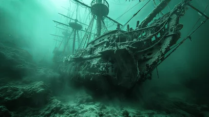 Poster Old ancient pirate ship laying on sea bottom wallpaper background  © Irina