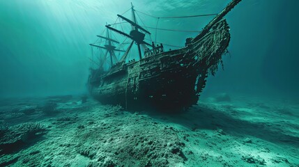 Old ancient pirate ship laying on sea bottom wallpaper background
