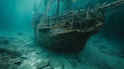 Foto auf Alu-Dibond Old ancient pirate ship laying on sea bottom wallpaper background  © Irina
