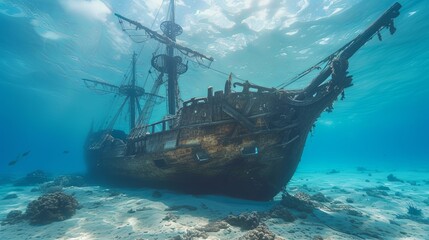 Old ancient pirate ship laying on sea bottom wallpaper background
