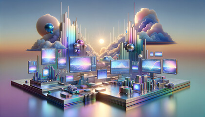 Serene Algorithmic Trading: Futuristic screens dissolve into tranquil chromatic landscape.