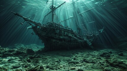 Old ancient pirate ship laying on sea bottom wallpaper background 