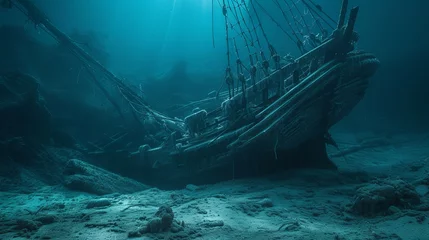 Selbstklebende Fototapete Schiffswrack Old ancient pirate ship laying on sea bottom wallpaper background 