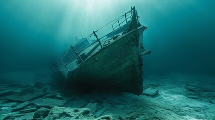 Fototapeta premium Old ancient pirate ship laying on sea bottom wallpaper background 