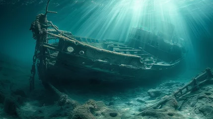 Foto op Plexiglas Schipbreuk Old ancient pirate ship laying on sea bottom wallpaper background 